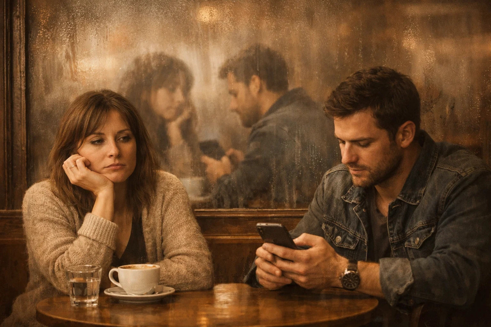 Um casal sentado em um café onde o homem usa o celular enquanto a mulher desanimada espera.