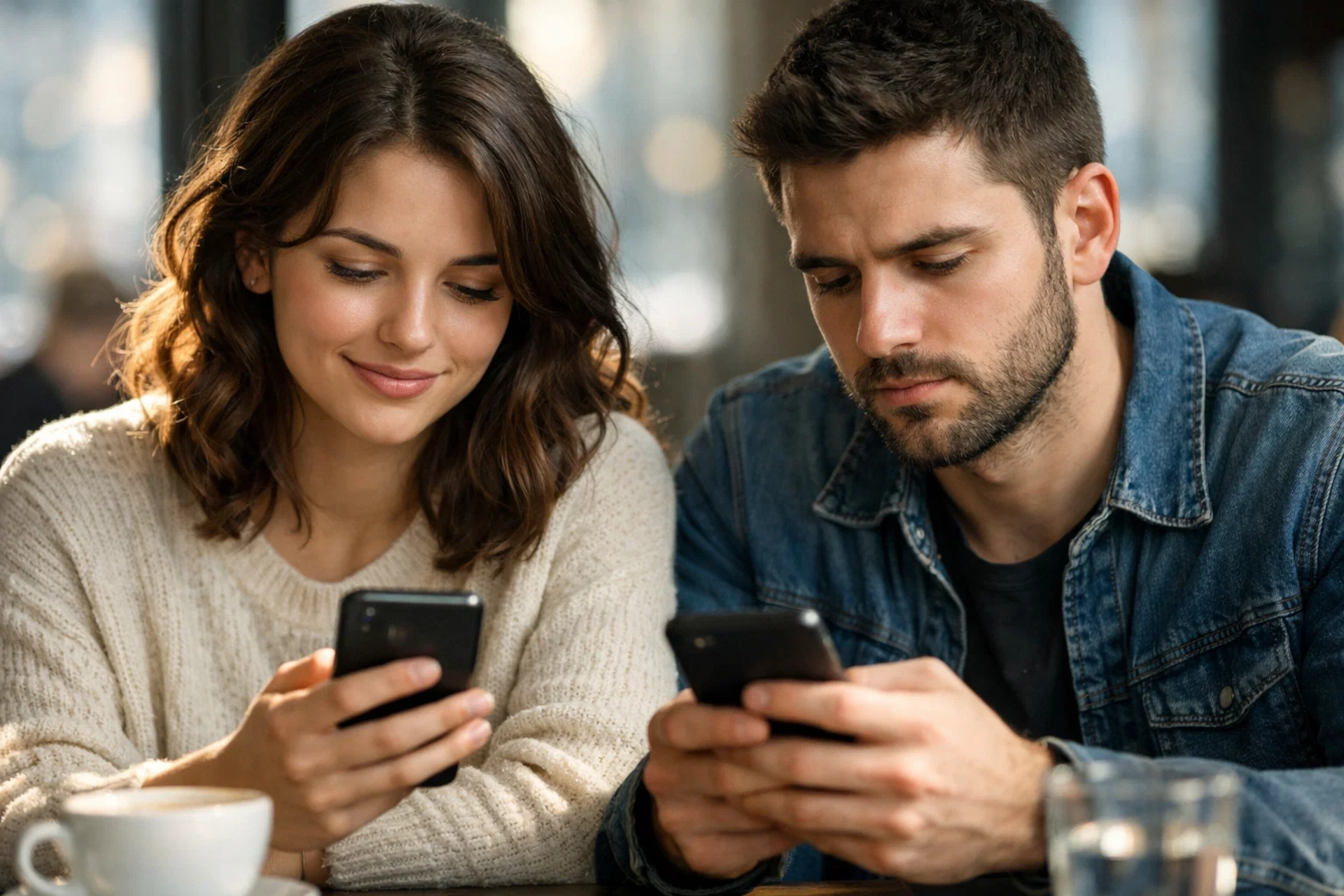 Um homem e uma mulher sentados lado a lado em um café, concentrados em seus smartphones.