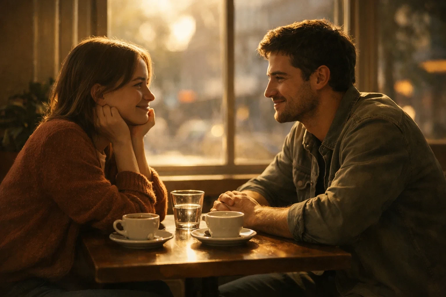 Um casal jovem troca olhares apaixonados em uma cafeteria aconchegante, iluminada pelo brilho do entardecer.