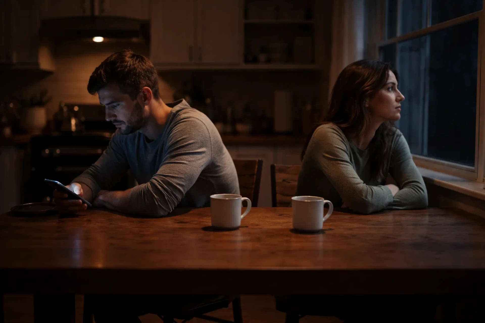 Casal sentado à mesa em ambiente escuro demonstra desconexão emocional através de silêncio e evitação.