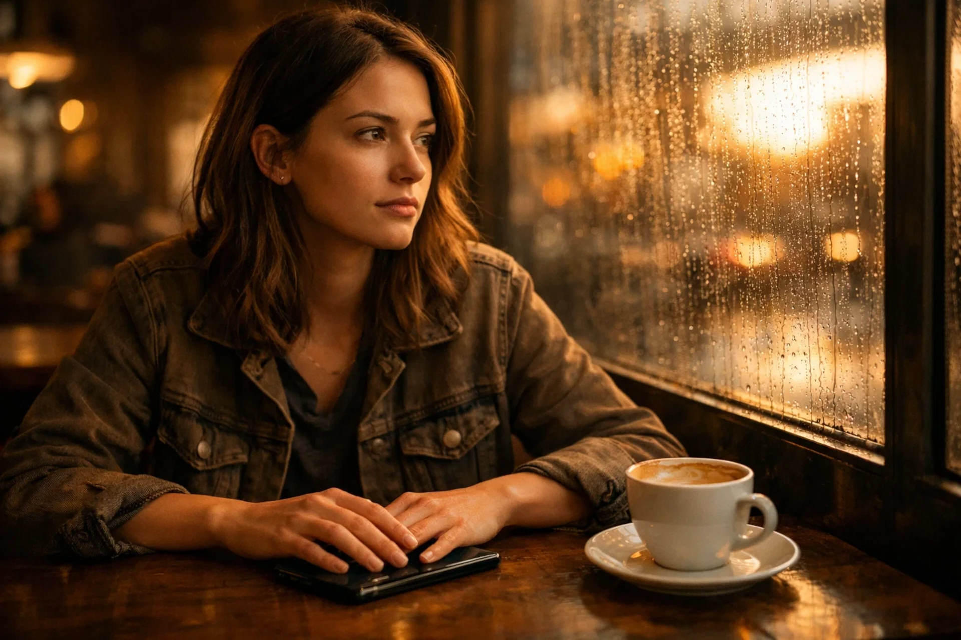 Uma mulher jovem observa a chuva através da janela de um café aconchegante durante a noite.