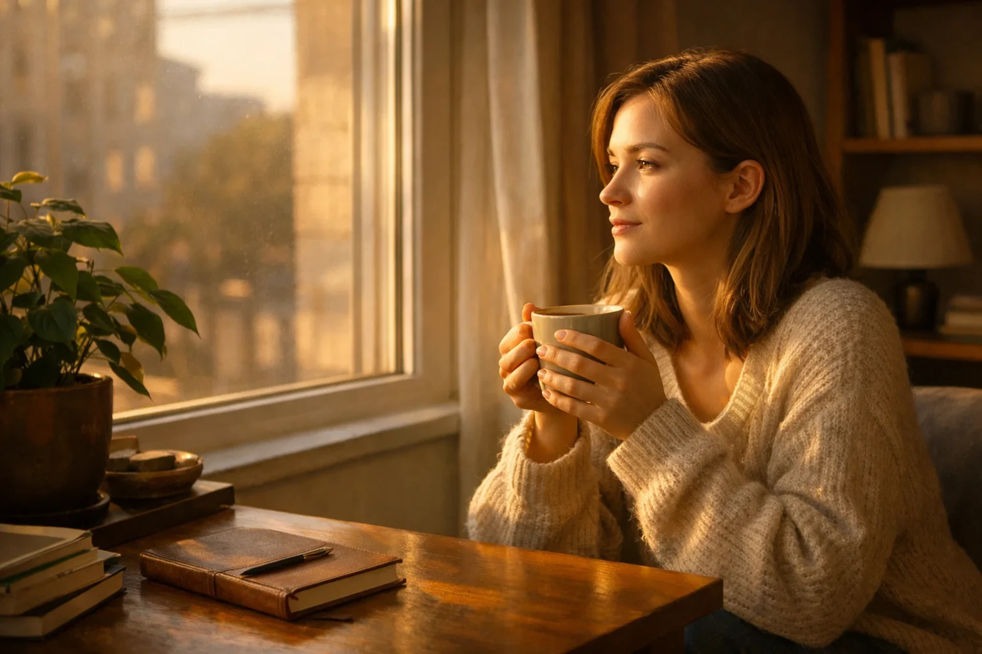 Mulher jovem segura xícara com as duas mãos, contemplando pela janela com luz dourada de fim de tarde, em ambiente aconchegante com livros e planta ao fundo.