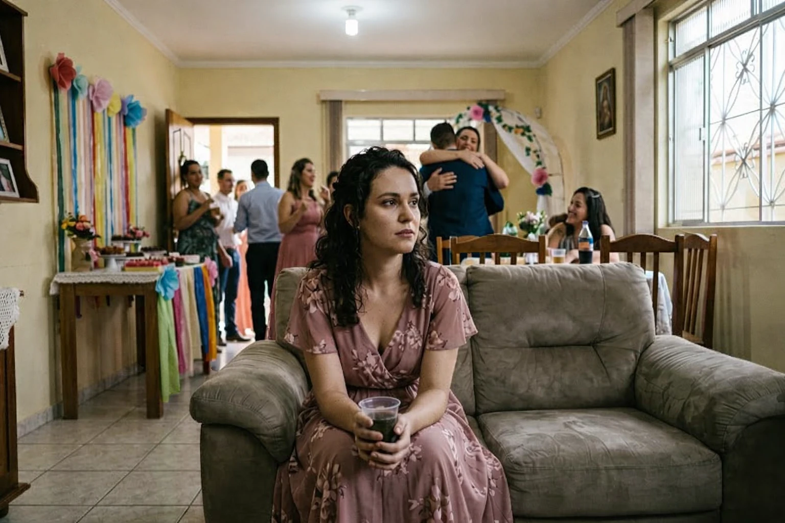 Mulher sentada em sofá observa convidados sorridentes em sala decorada com flores e fitas coloridas.