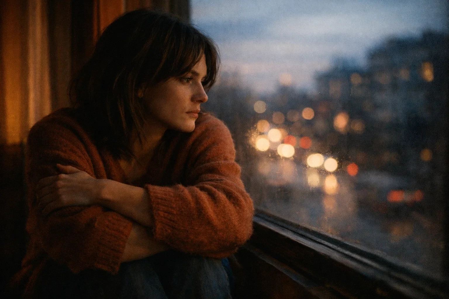 Mulher de suéter observa melancolicamente a rua chuvosa através da janela durante o fim tarde.
