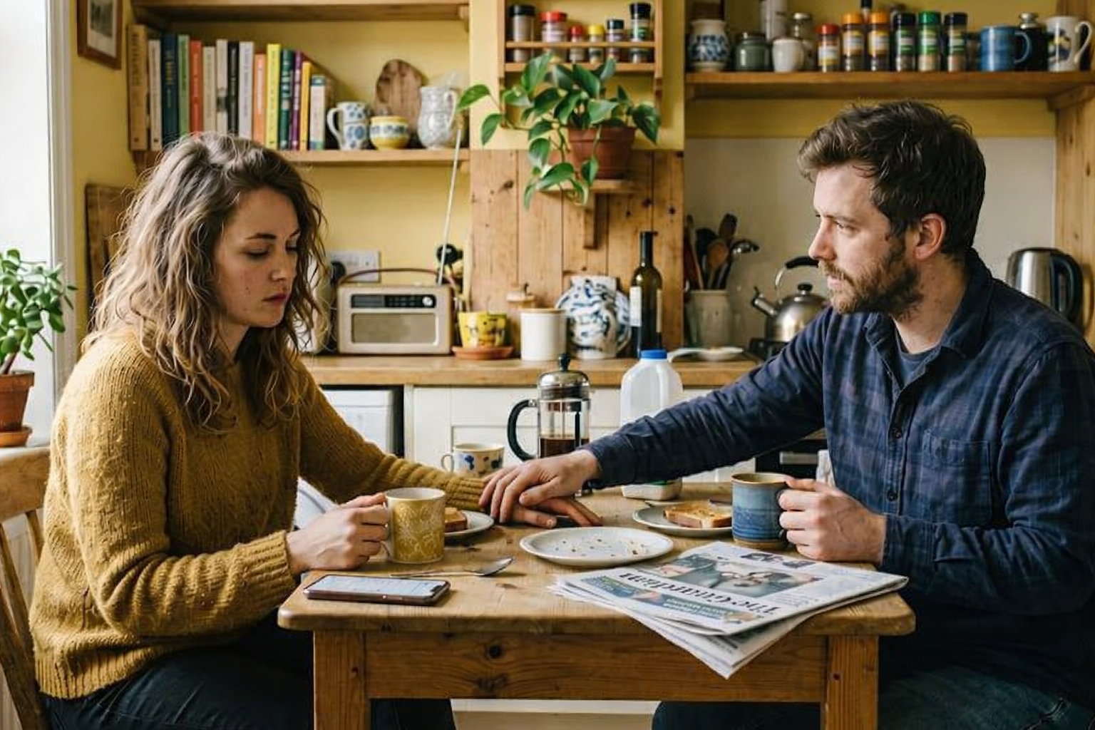 Casal compartilha café da manhã silencioso em cozinha iluminada, com leve toque de mãos tenso.