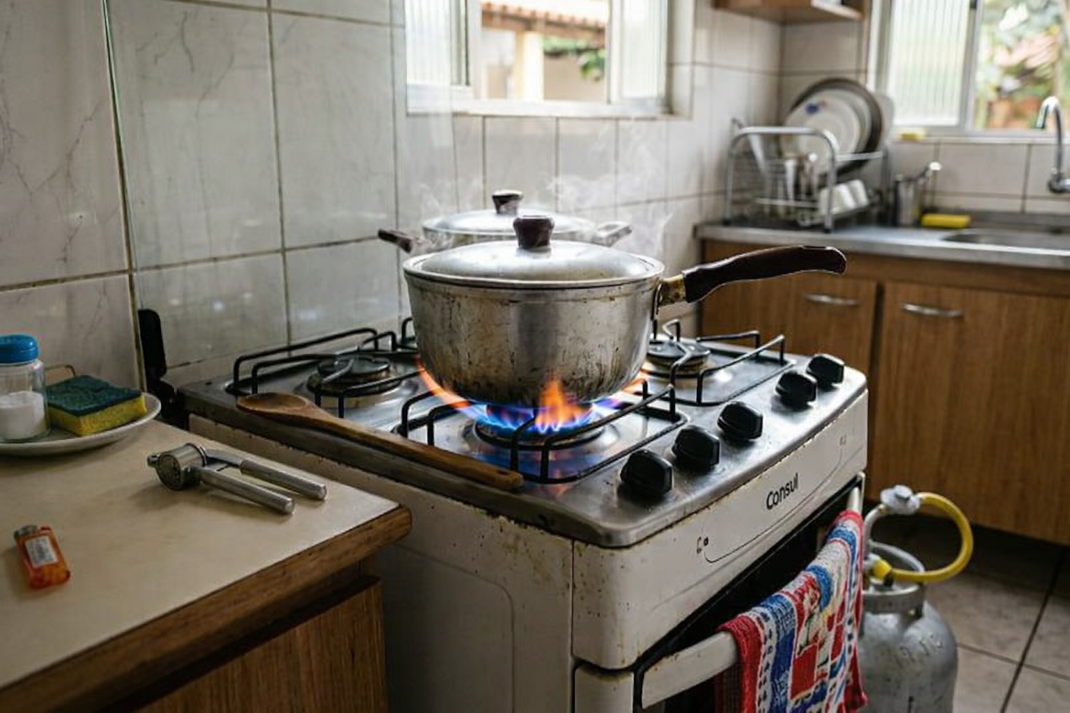 Cozinha brasileira tradicional com chama no fogão, botijão de gás aparente e utensílios domésticos cotidianos.