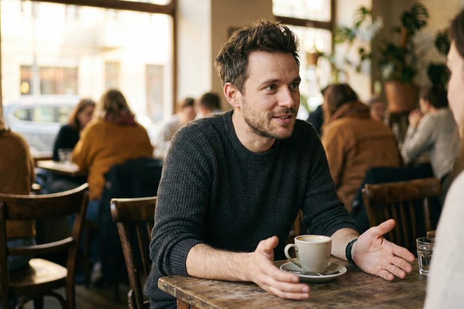 Um homem gesticula enquanto conversa em um café aconchegante, iluminado por luz natural e cheio de vida.