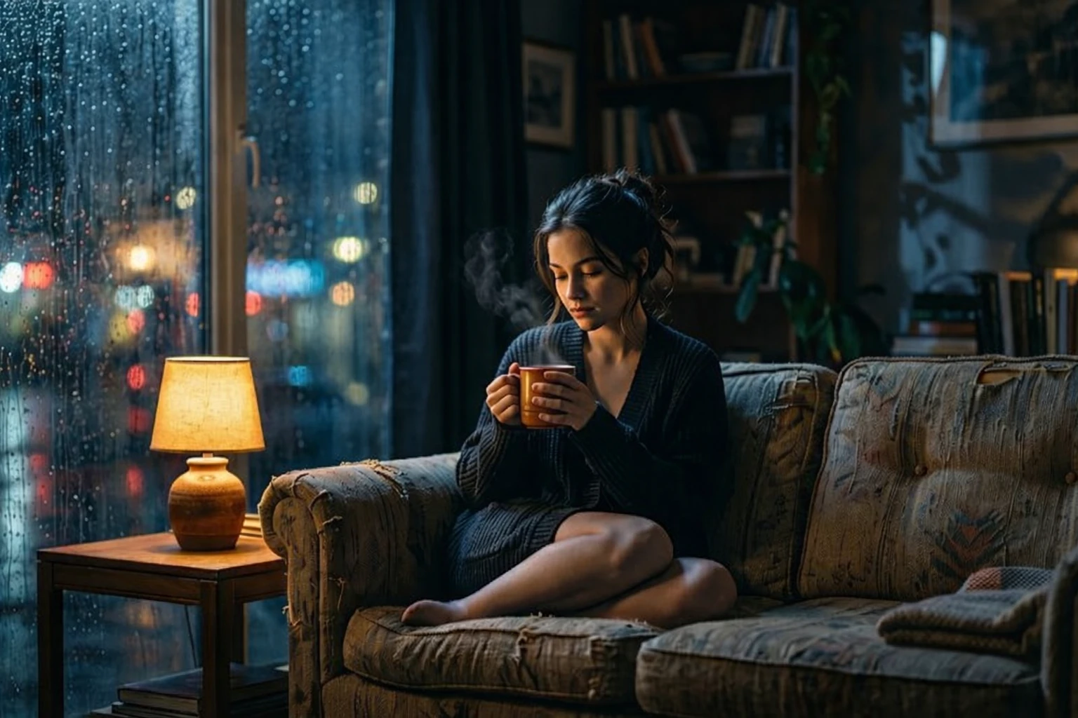 Mulher jovem sentada no sofá segurando caneca quente enquanto observa a chuva através da janela.