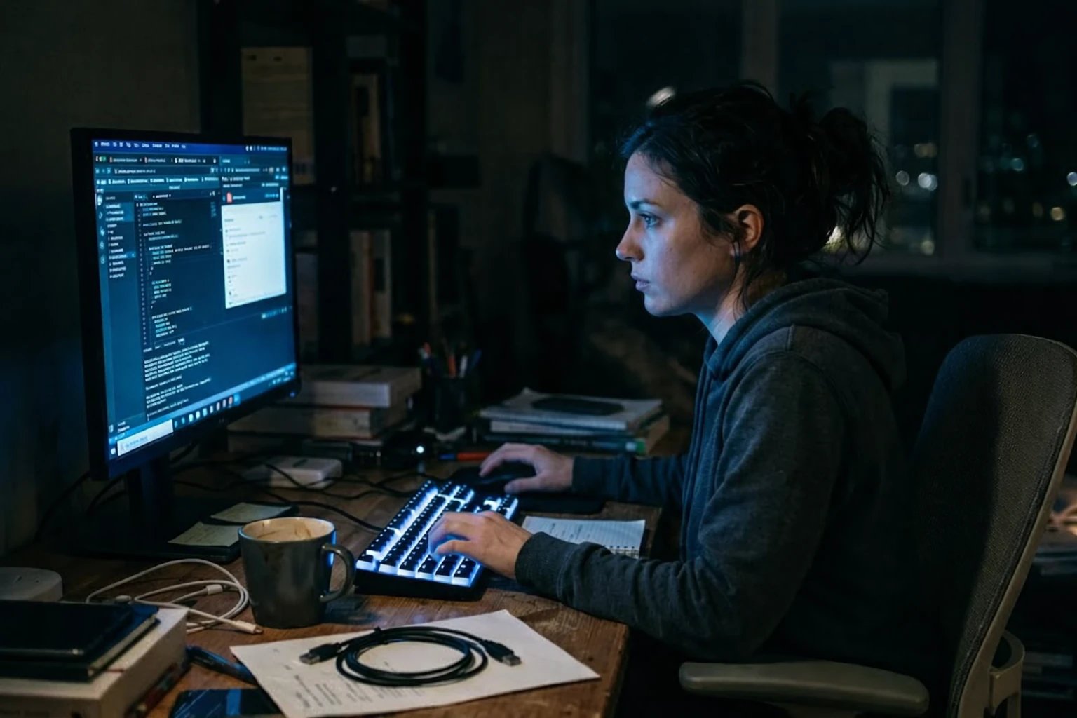 Uma programadora concentrada trabalha à noite em seu computador, cercada por livros, café e luz suave.