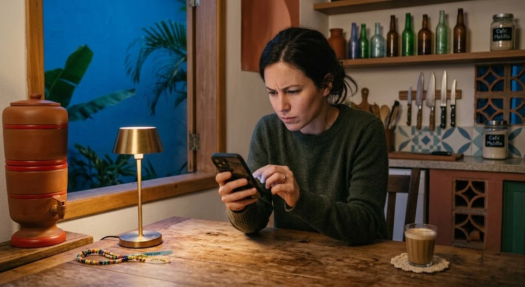 Mulher atenta analisa celular em cozinha brasileira iluminada à meia-luz, ao lado de filtro de barro.